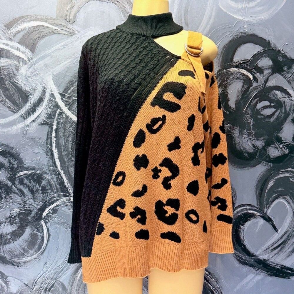 Leopard Colorblock Sweater XL Cold Shoulder Mock Neck NWOT